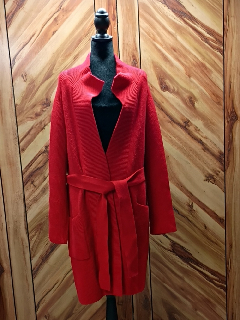 Ann Taylor Red Ribbed Knit Open-front Longline Cardigan Size L